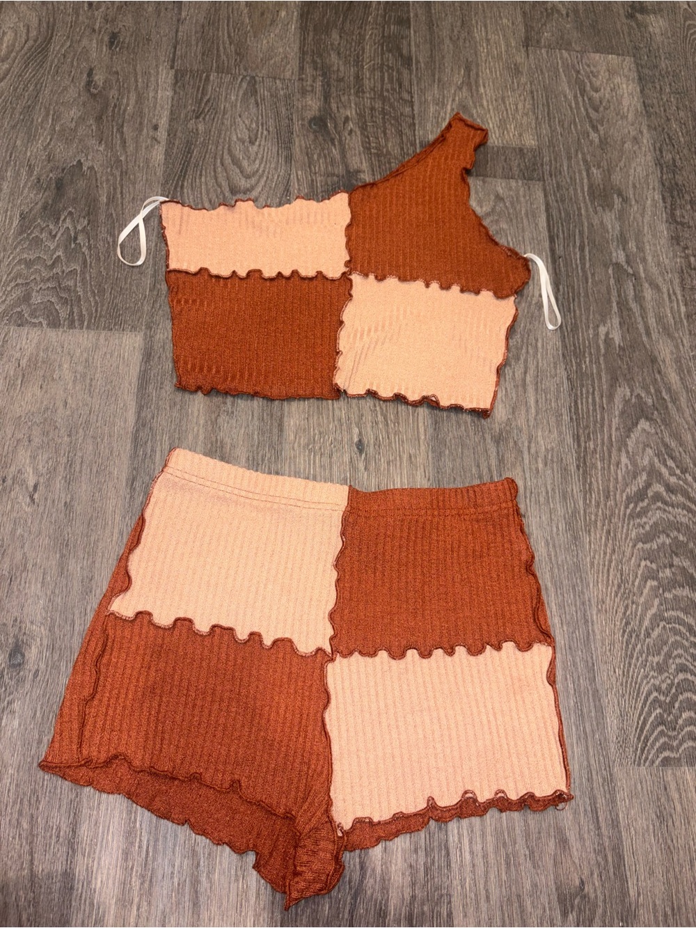 SHEIN Peach & Rust Patchwork Ribbed Girls' Shorts